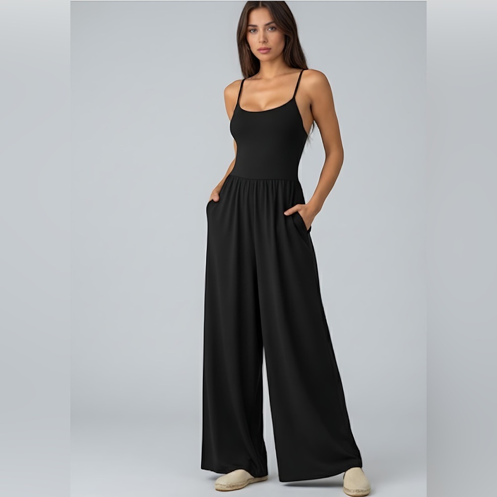 Boho Spaghetti Strap Wide Leg Jumpsuit With Pockets Black